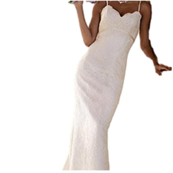 Bridal Gown Ivory Lace Wedding Dress Chiffon Train Beach Garden 58.5” Davi’s sz6 - Picture 1 of 16